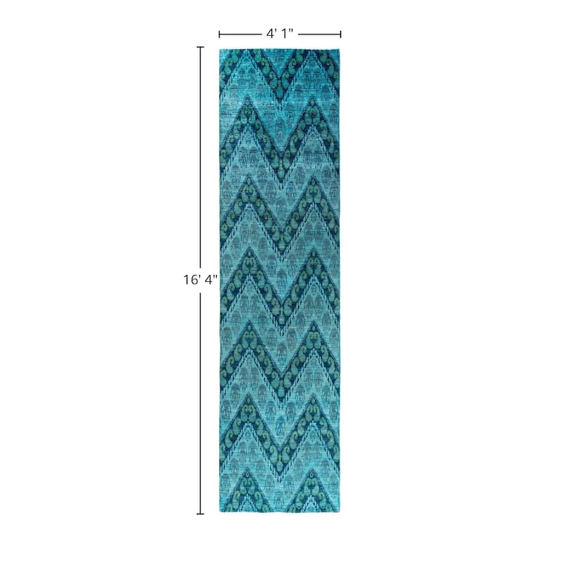 Modern One-of-a-Kind Hand-Knotted Runner Rug - Blue, 4' 1" x 16' 4" - 4' 1" x 16' 4"