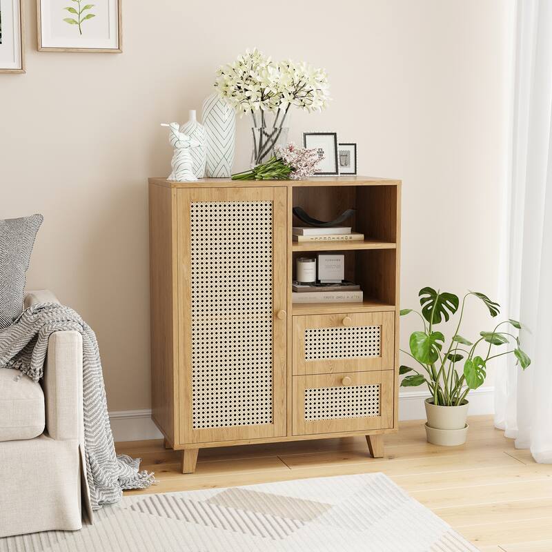 Rattan Buffet Cabinet with Adjustable Shelf, Sideboard with Drawers for Living Room, Kitchen, Entryway
