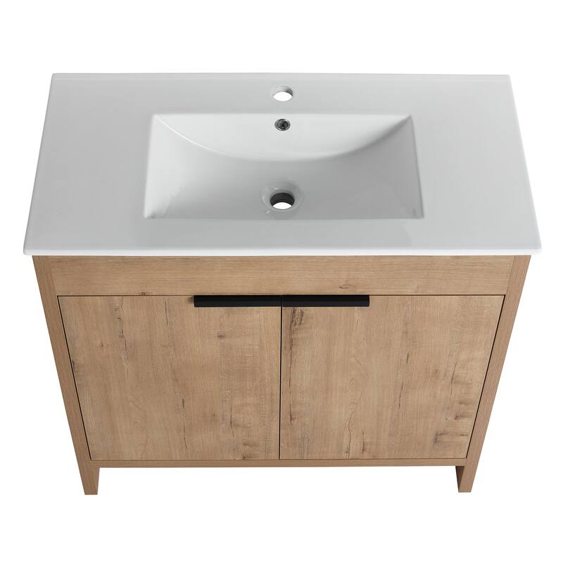 36 Inch Plywood Freestanding Bathroom Vanity Set with Integrated Ceramic Basin and Doors