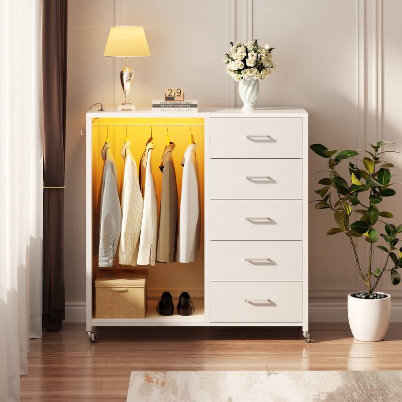 Kid's Closet Organizer with Fabric Drawers and Mirror, Rolling Dresser and Chest with Charge Station
