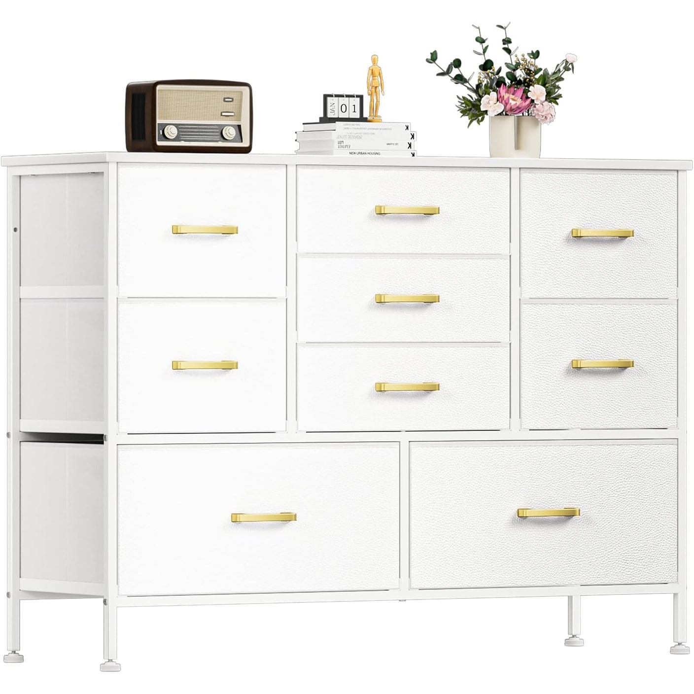 9-Drawer White Leather Dresser with Golden Knobs, TV Stand, Storage Organizer for Bedroom, Living Room, Closet