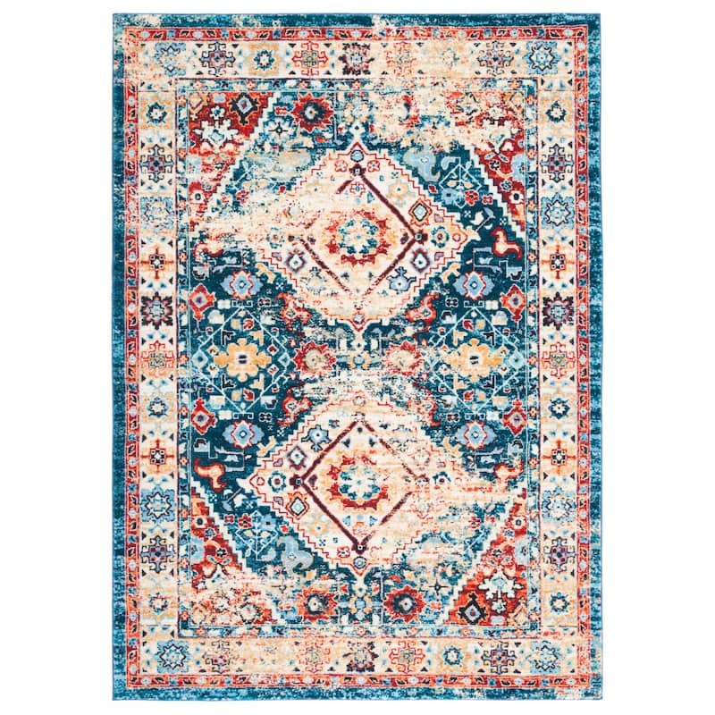 SAFAVIEH Riviera Machine Washable Slip Resistant Vertie Oriental Rug - 6'7" Square - Blue/Gold