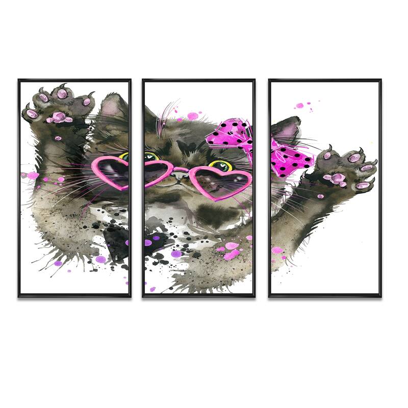 Designart "Funny Black Cat" Animal Framed Art Prints Set of 3 4 Colors of Frames Bed Bath