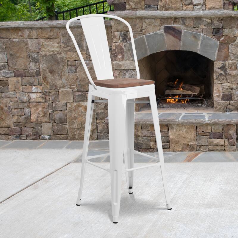 30" High Metal Barstool with Back and Wood Seat - 17.75"W x 20"D x 45.25"H - White