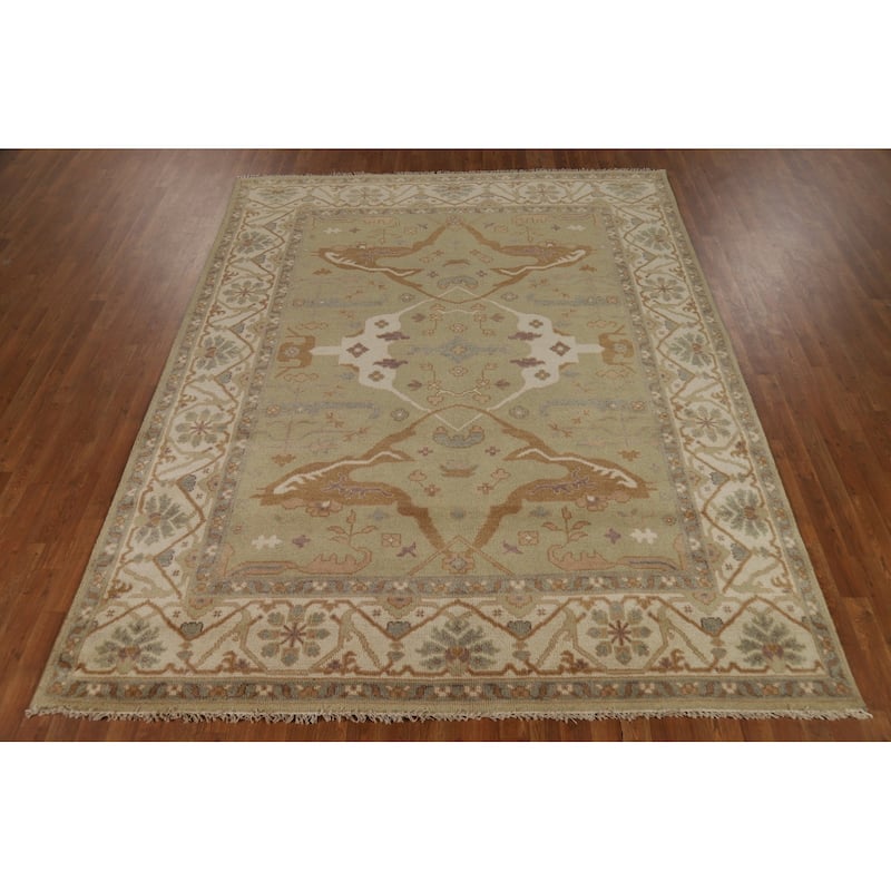 Light Green Oushak Indian Rug Hand-Knotted Wool Carpet - 7'9"x 9'8"