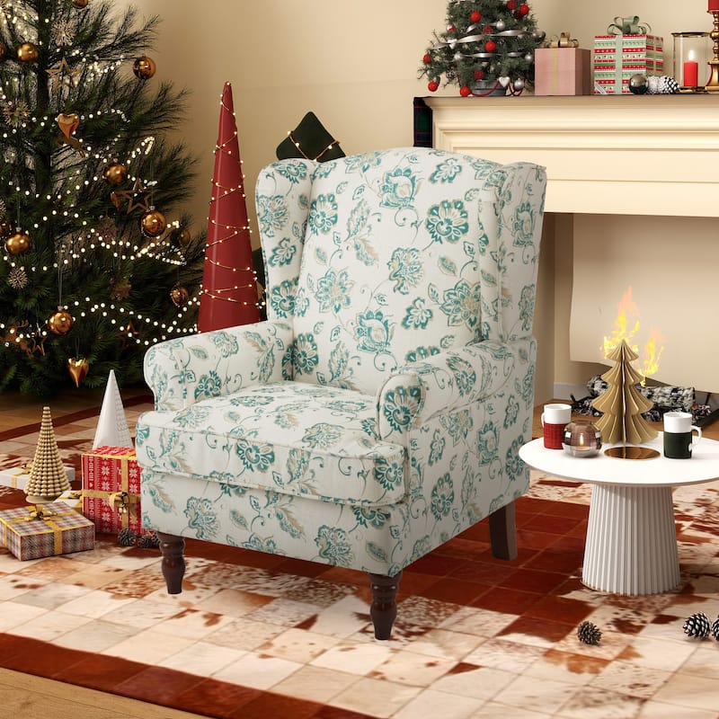 Erommy Modern Accent Chair with High Back, Upholstered Fabric Single Sofa with Button Details and Wooden Legs