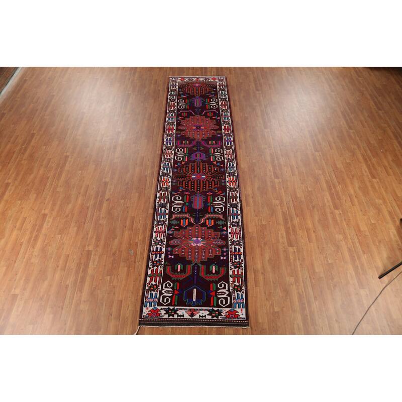Wine Red Tribal Anatolian Turkish Runner Rug Hand-Knotted Wool Carpet - 3'7"x 14'1"