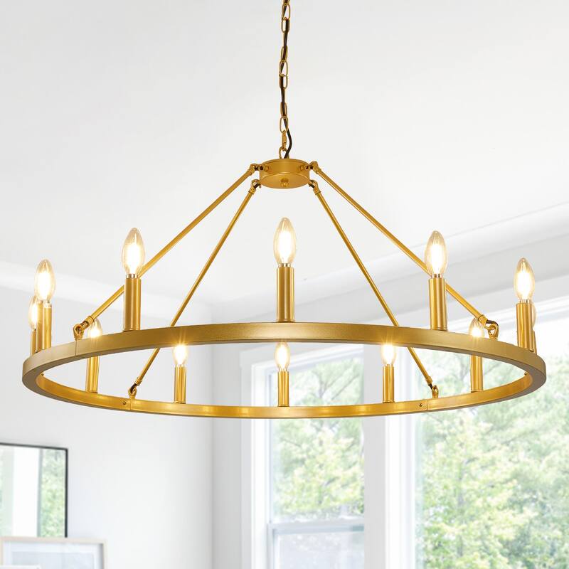 Black Wagon Wheel Chandelier 38 inch, 12-Light Black Round Industrial Farmhouse Chandeliers