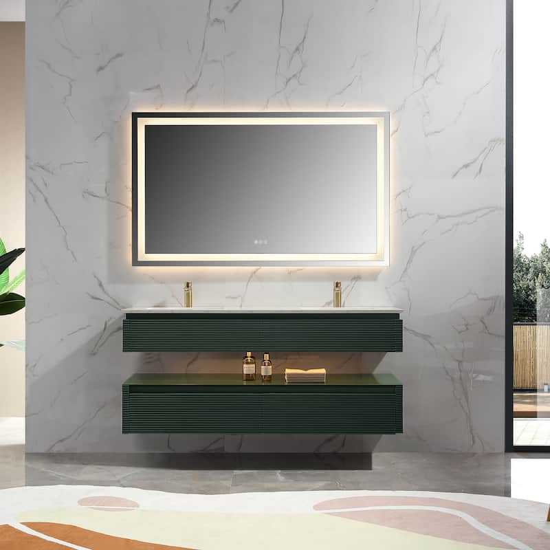 Modland 36/48 Inch LED Floating Vanity with Marble Top & Soft-Close Drawer - Green/White, Wall Drain Ready