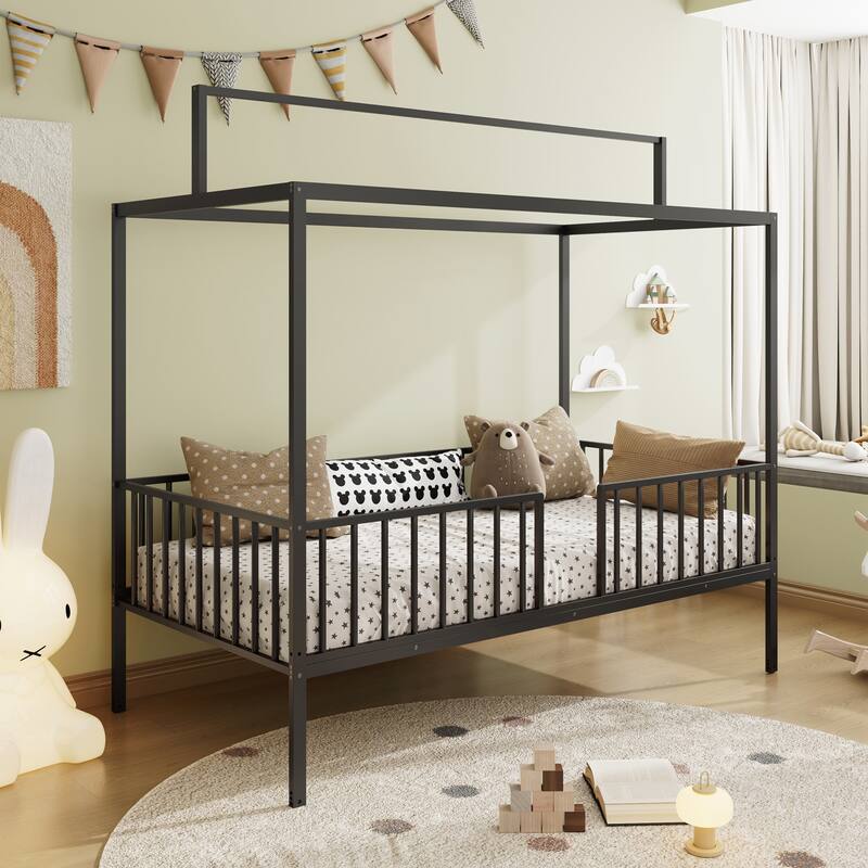3-in-1 Convertible Montessori Metal floor bed,Fenced toddler bed with Sturdy Metal Slats Support