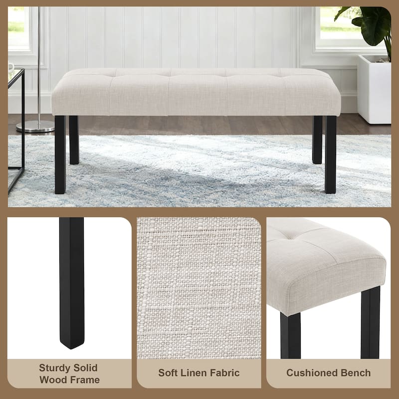 Modern Tufted Linen Bench, Farmhouse Upholstered Dining & Entryway Bench
