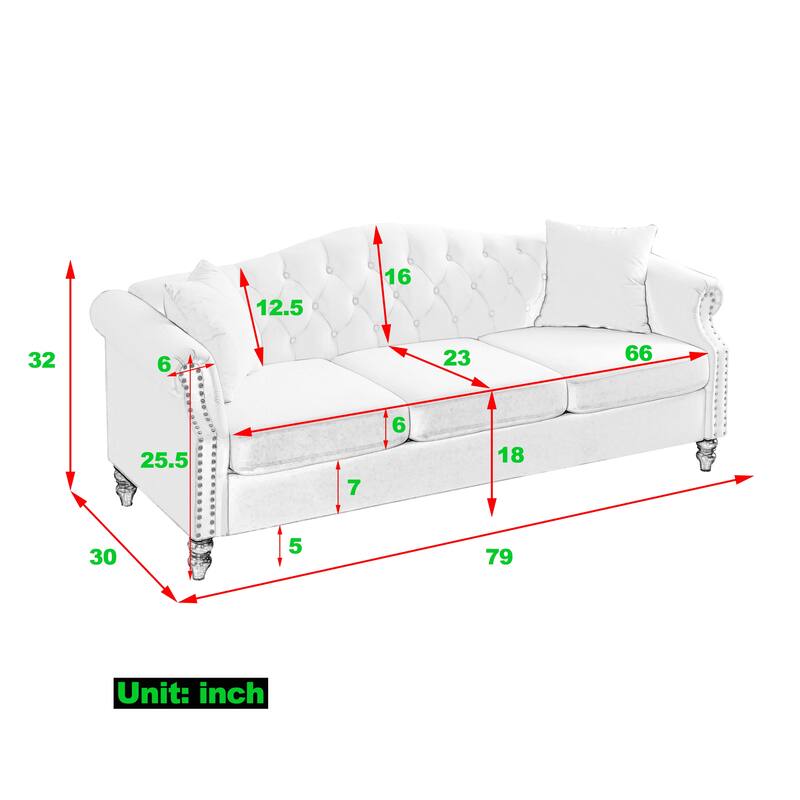 79" Velvet Chesterfield Sofa, 3-Seater Tufted Couch with Rolled Arms and Nailhead Trim for Living Room or Office