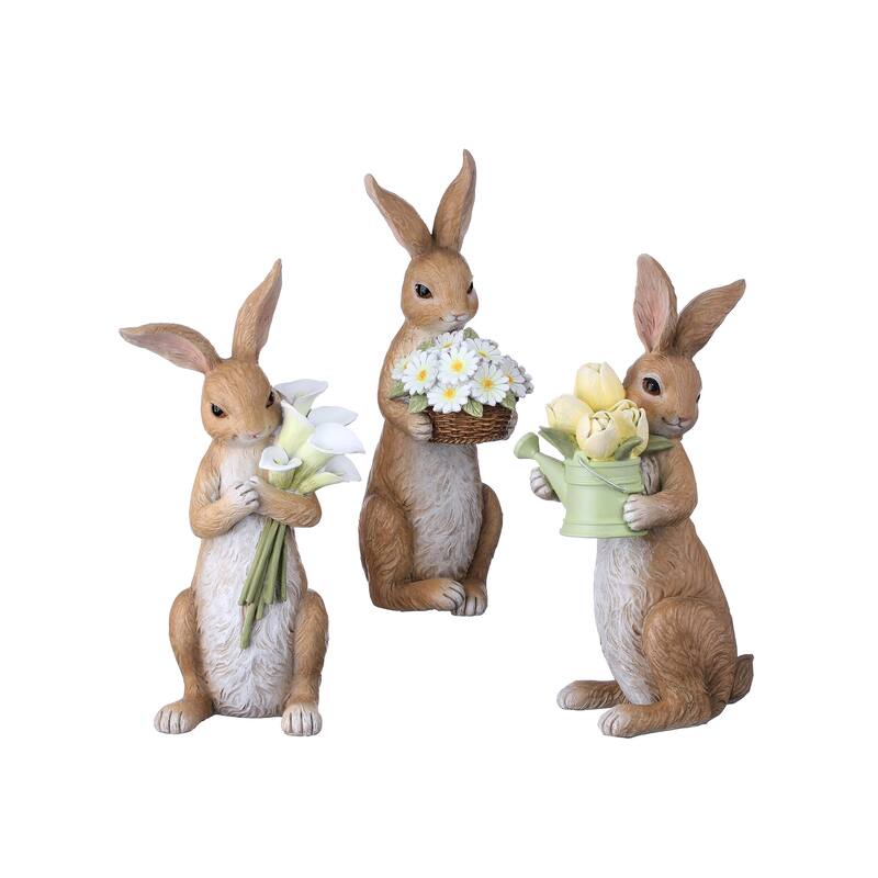 11.5" Resin Bunny With Floral Bouquet Set of 3