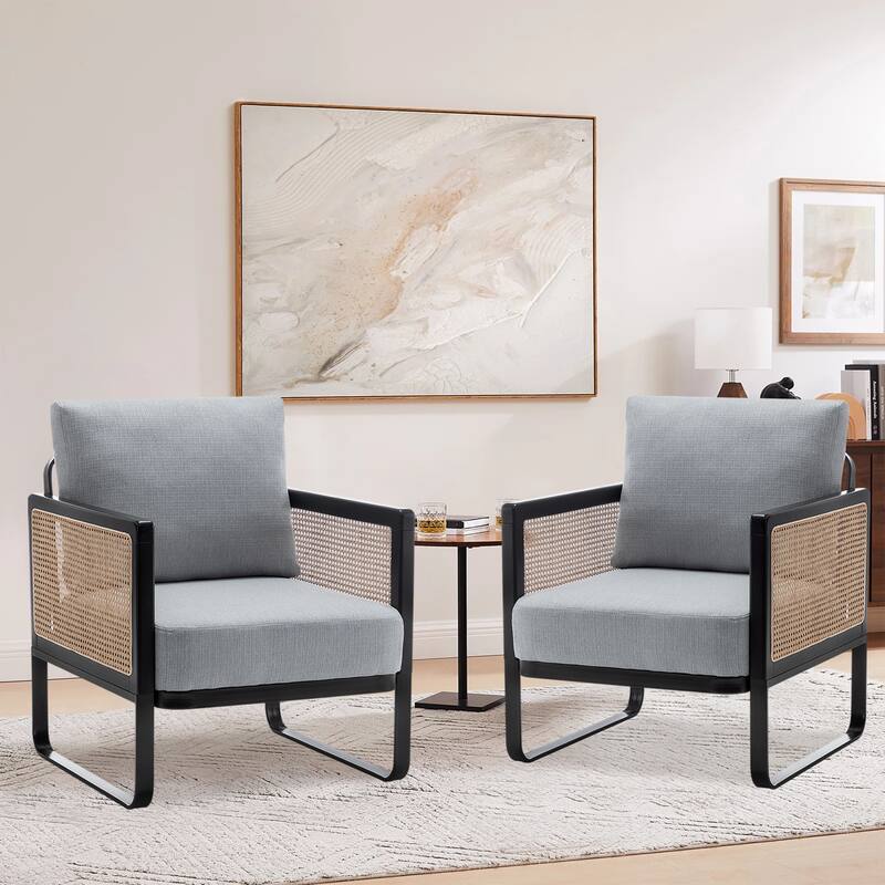 Rattan Accent Chair Armchair with Metal Frame Modern Living Room Chair Comfy Reading Side Chair for Home Bedroom Office