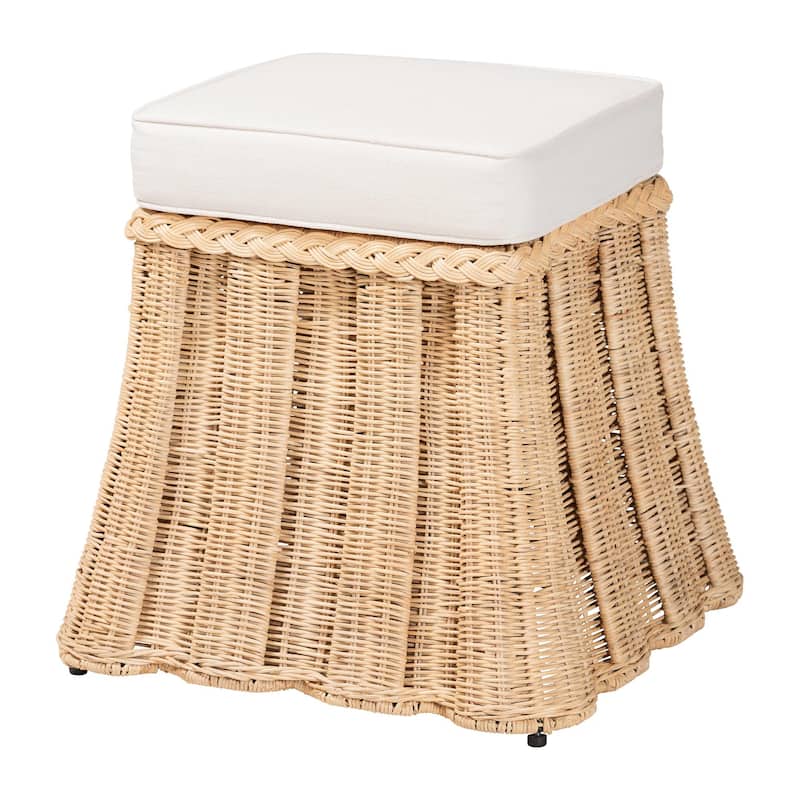 Rotem Natural Rattan Ottoman with Cushion - Handwoven Wicker Pleated Skirt Accent Coffee Table or Extra Seating for Living Room - Small