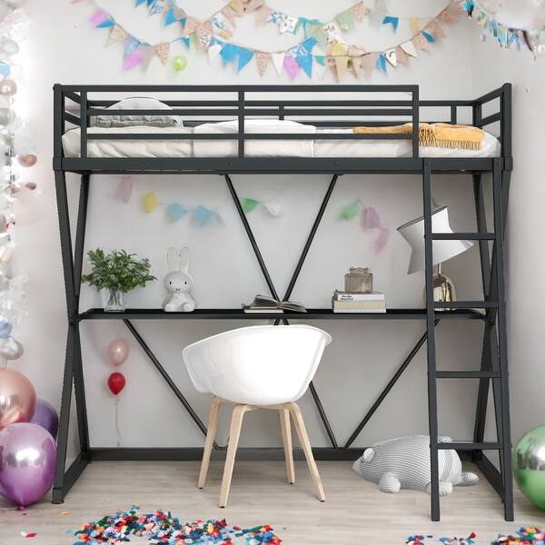 slide 2 of 9, Twin Size Loft Bed with Desk, Ladder, Full-Length Guardrails, X-Shaped Frame in Black for Space Saving Black