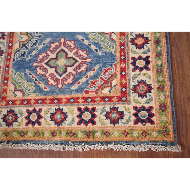 Blue Geometric Kazak Rug Handmade Oriental Wool Carpet - 2'1" x 2'10"