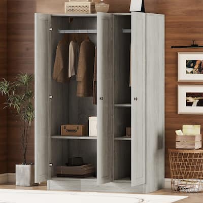 3 Door Wooden Wardrobe Equipped with Suspension Pole Multi Layer Storage Rack Large Capacity Wardrobe Storage Cabinet