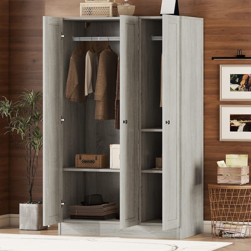Wardrobe Closet with 3 Shutter Doors, Freestanding Wardrobe Cabinet with Shelves, Armoire Wardrobe Closet with Hanging Rod - N/A - Gray
