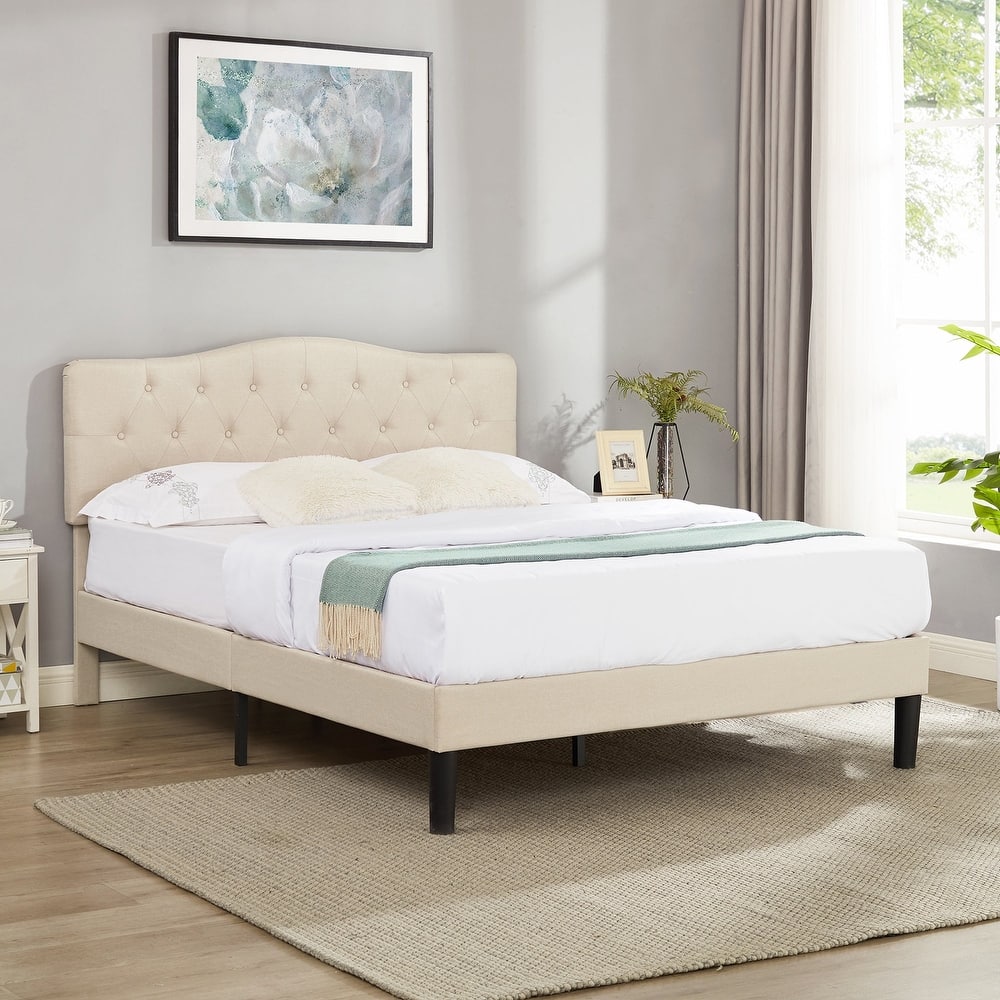 Javlergo Adjustable Height Upholstered Platform Bed Frame with Diamond Tufted Headboard No Box Spring Needed Bed Frame