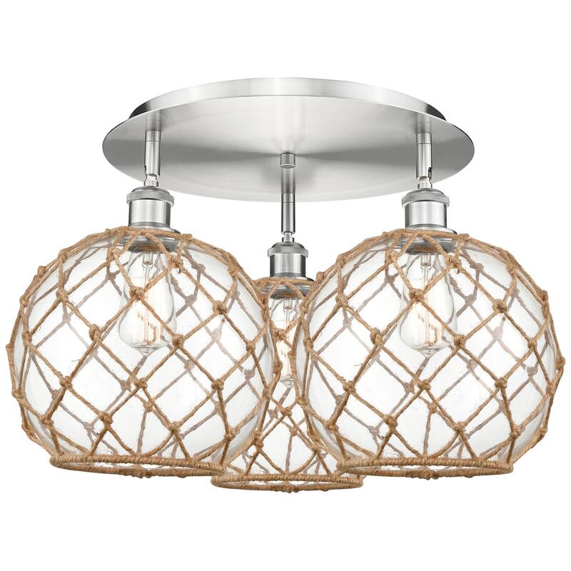 Innovations Lighting Endless Possibilities Ballston - Farmhouse Rope - 3 Light 22" Flush Mount - Clear Glass with Brown Rope/Satin Nickel