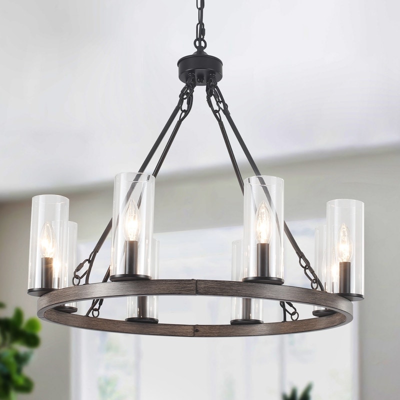 25.9" Wagon Wheel Chandelier, 8-Light Rustic Wood Ceiling Hanging Pendant Light with Clear Glass Shade for Dining Room