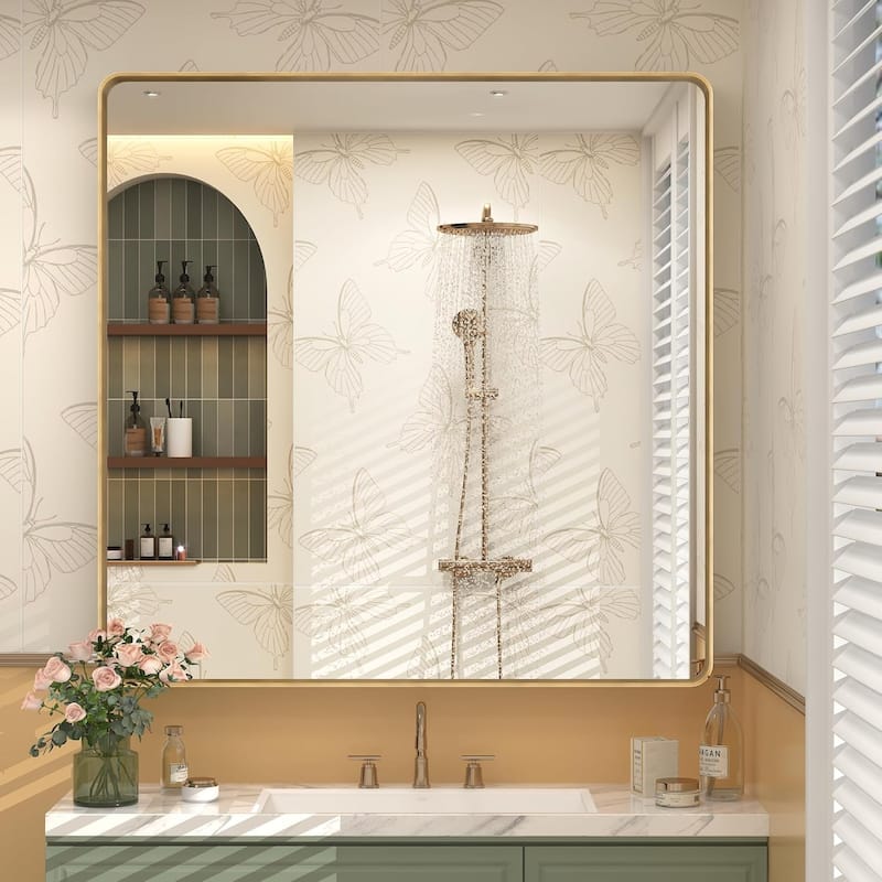 Aluminum alloy Framed Tempered Glass Wall Bathroom Vanity Mirror - 36" x 36" - Gold