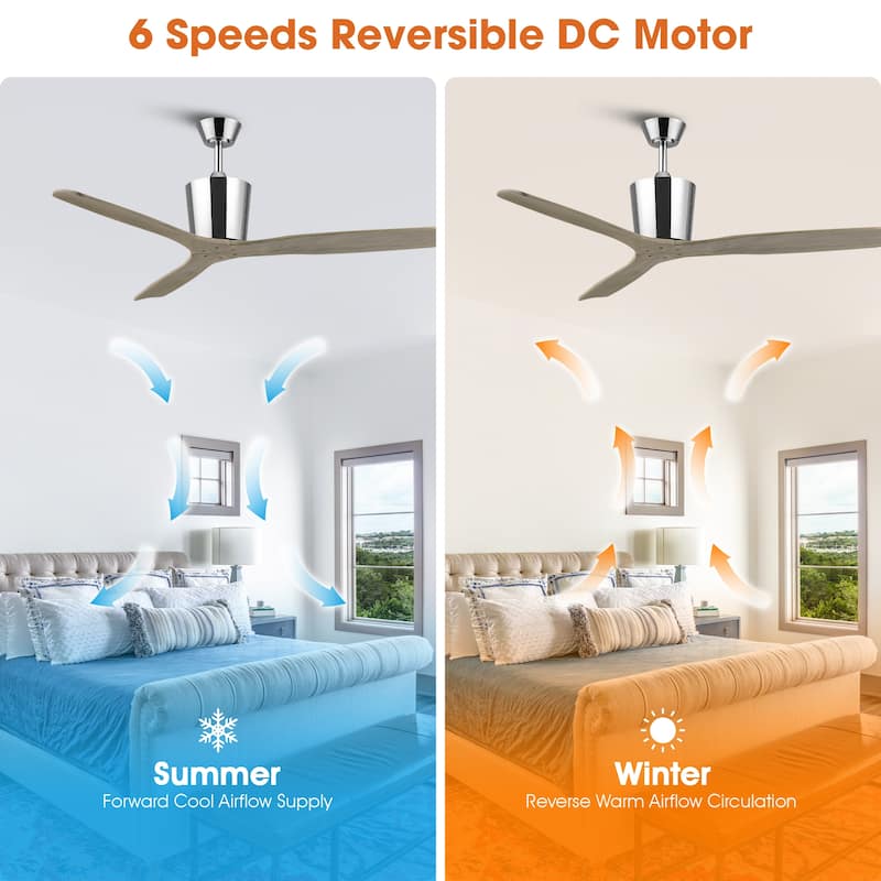 54" Farmhouse Solid Wood 3-Blade DC Reversible Ceiling Fan with Remote, No Light