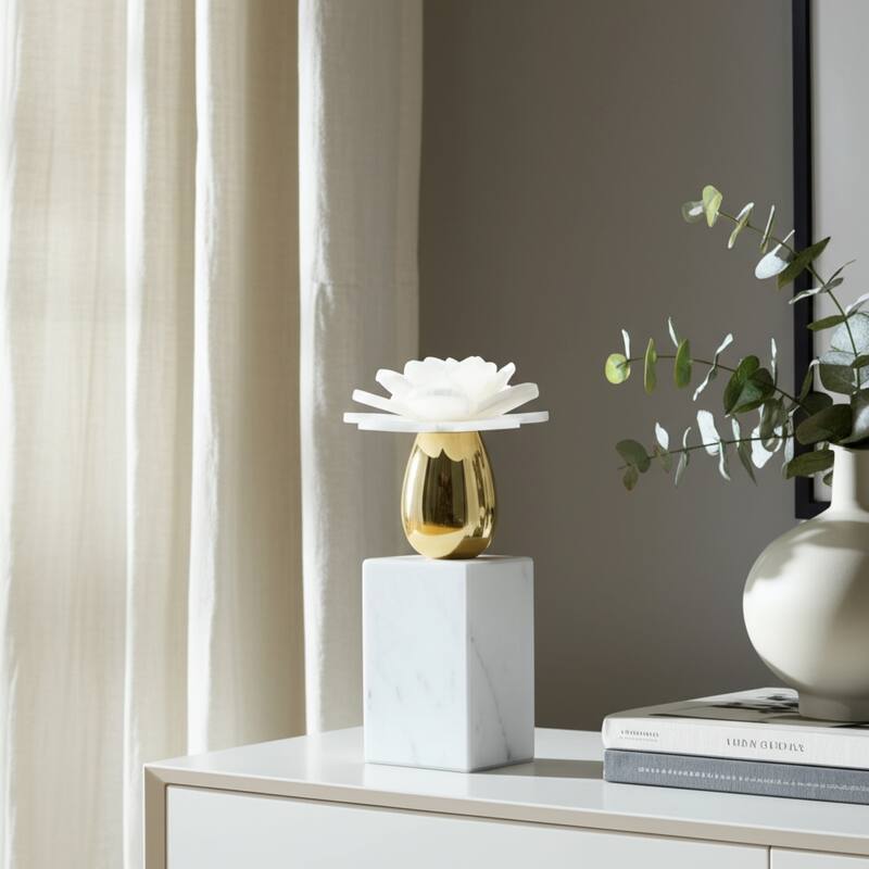 Marble Statue Elegant Floral Decorative Sculpture Object Home Decor - 4.75" x 4.75" x 8.75"