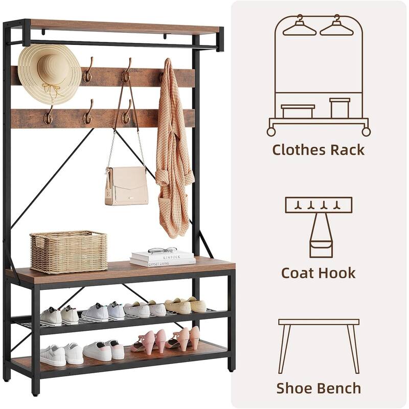 4-in-1 Entryway Bench with Coat Rack with 8 Hooks and 3-Tier Storage Shelf
