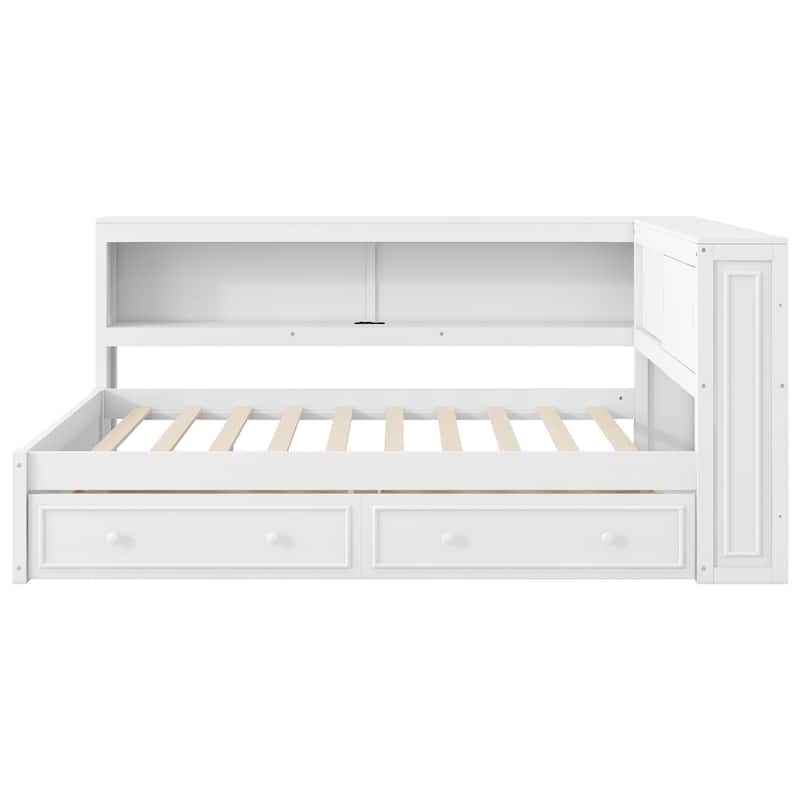 Full Size Wood Daybed with Storage Shelves, USB Ports, LED Lights & 2 Drawers by Harper&Bright Designs