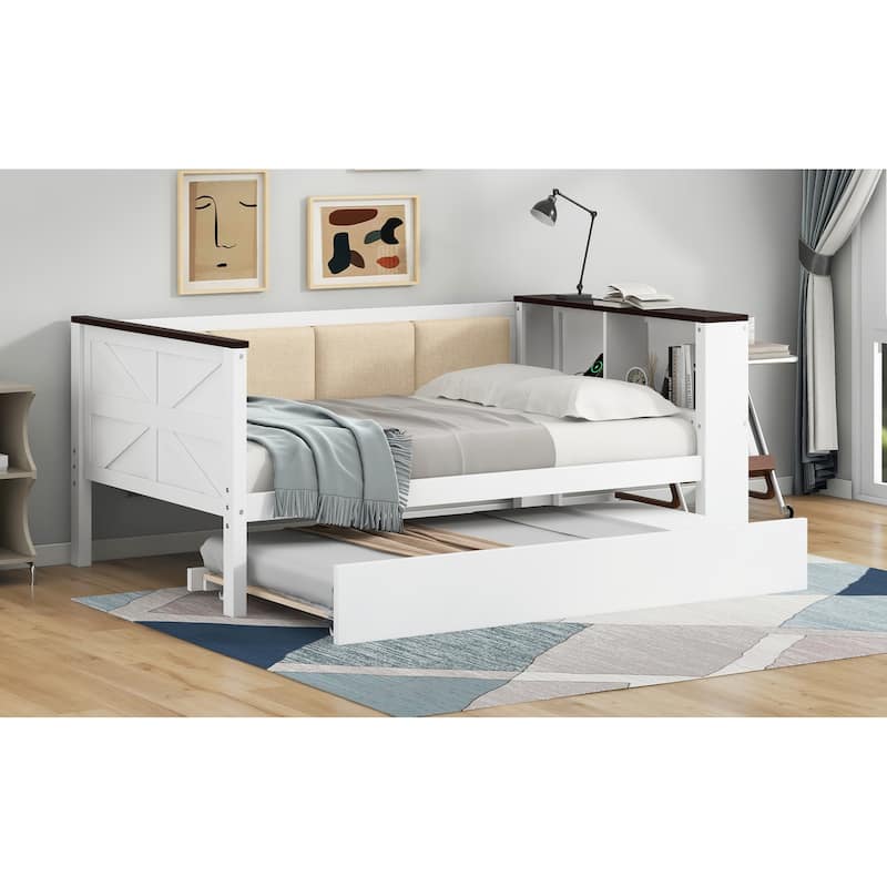 GDFStudio - Wood Daybed with Storage Shelves, Upholstered Backrest, Trundle and USB