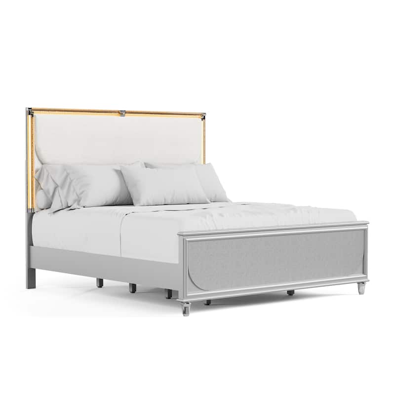 Furniture of America Angrove Modern 5-Piece Silver Queen Panel Bedroom Set with LED Lighting and Padded Headboard