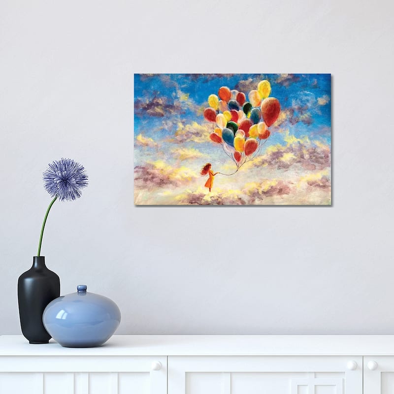 iCanvas "Woman With Colorful Balloons Among The Clouds" by Valery Rybakow Canvas Print - 12x18x1.5