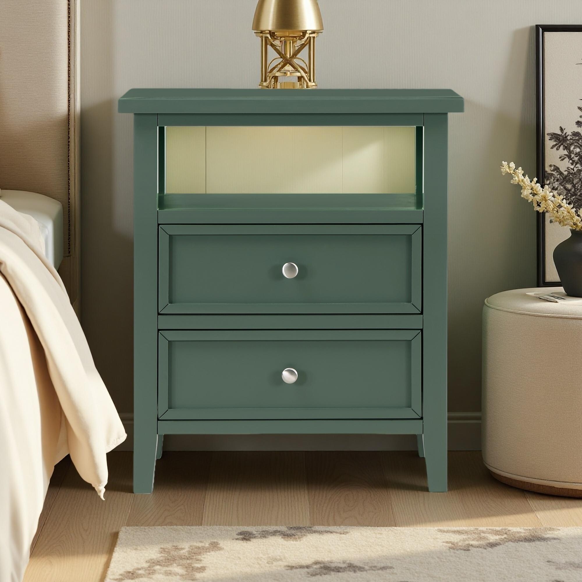 22.75"L 2-Drawer Nightstand with French Dovetail Drawers, Nickel Knobs, Open Shelf