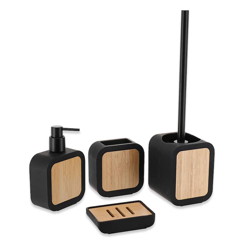 4-Piece Bathroom Accessory Set Rubber and Wood - 4 L x 3.9 W x 15.2 H