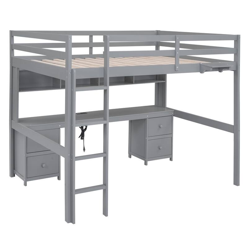 Full Size Loft Bed with Desk, Storage Cabinets, Drawers, Charging Station, Gray
