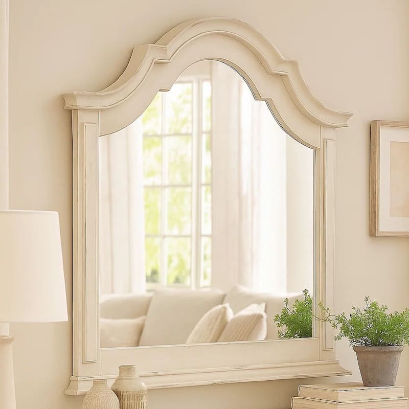 Maia 43 x 46 Dresser Mirror with Curved Top, Poplar and Oak, Antique White