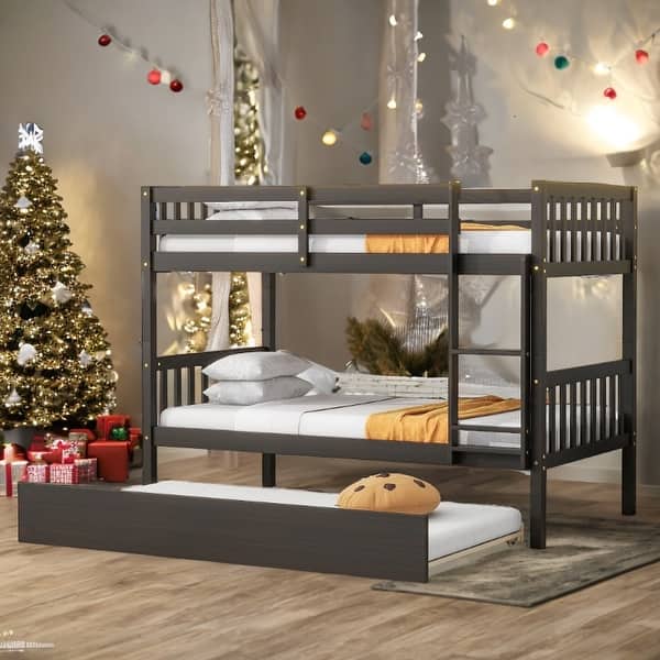 slide 2 of 18, Twin Over Twin Rubber Wood Bunk Bed with Trundle, Convertible into 2 Twin Size Beds-Espresso Espresso