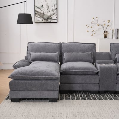 Chenille U-shaped Sectional Sofa with Double Chaise Lounge, Storage Console, Built-in USB Ports, Cup Holders and Armrest Pillows