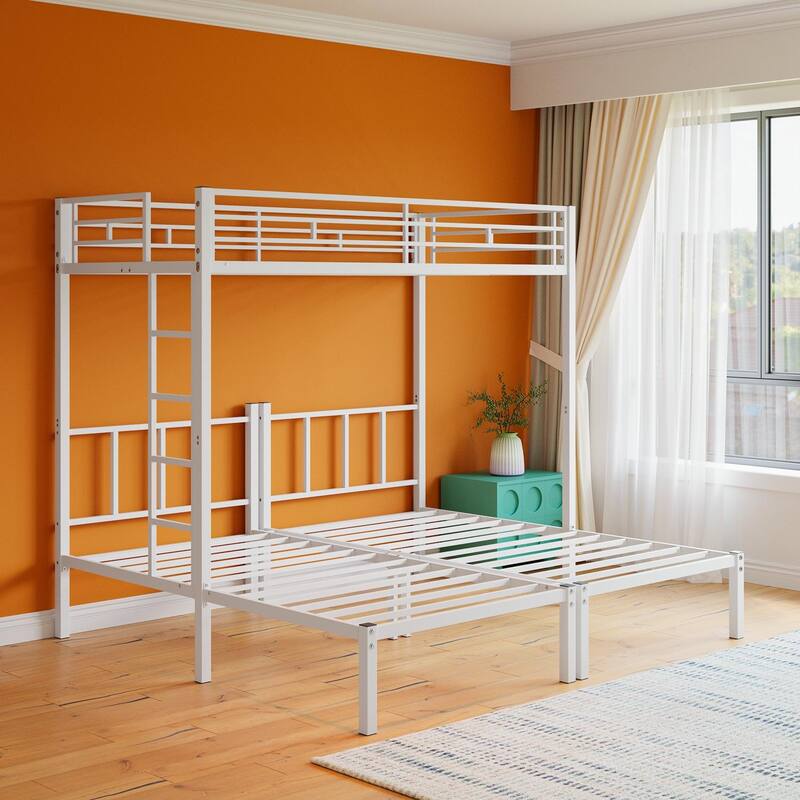 Convertible Triple Twin Metal Bunk Bed with Safety Guardrails and Ladder, Space-Saving Design for Dorm or Guest Room, White
