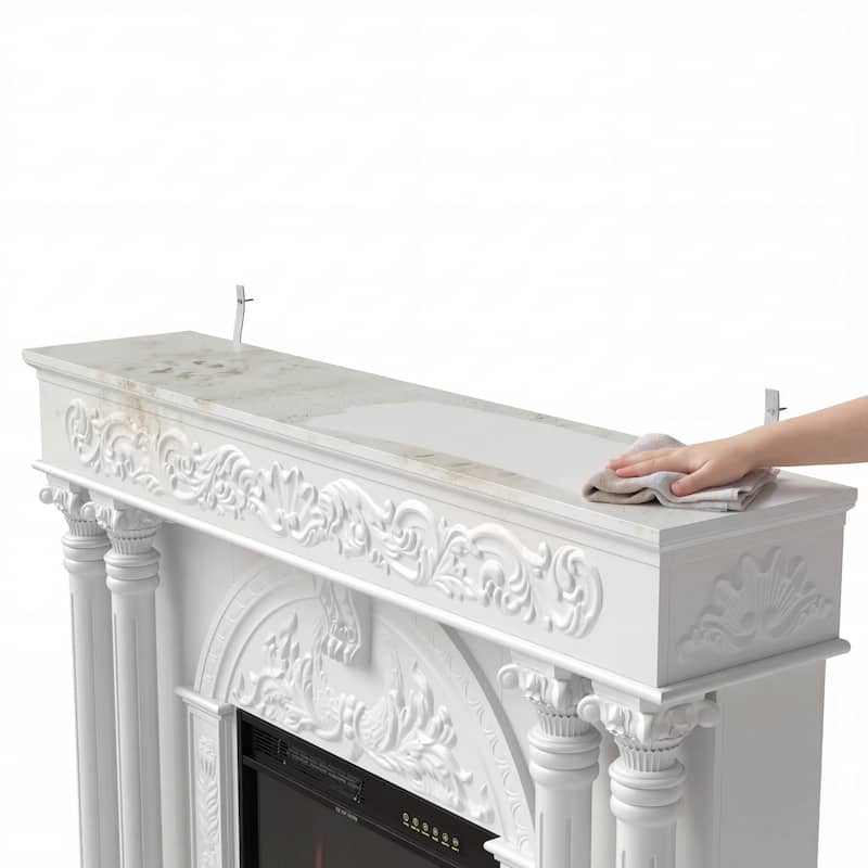 Solid Wood Electric Fireplace TV Stand with 12-Color LED Flame, White Wood Cabinet with Roman Columns, 1500W Heater