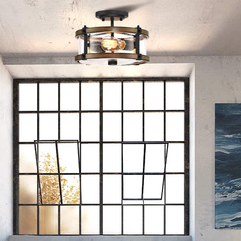 2-Light Semi Flush Mount with Matte Black and Barnwood Accents