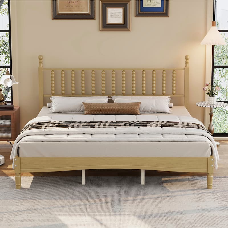 King Size Wood Platform Bed with Gourd Shaped Headboard,Retro Style Platform Bed with Wooden Slat Support, Natural - Natural