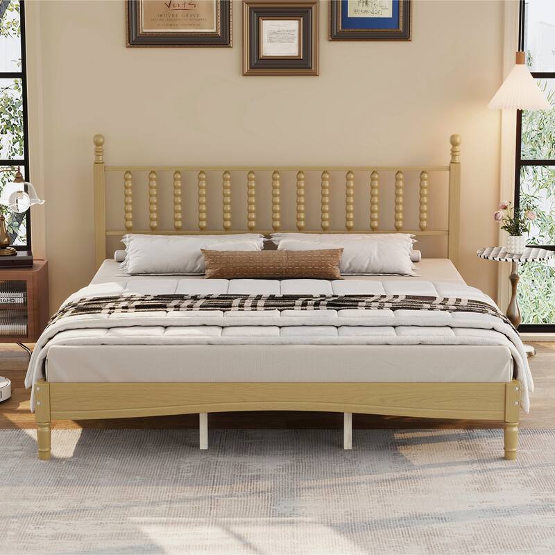 Retro Style Wood Low Profile Platform Bed with Wooden Slat Support and Gourd Shaped Headboard, No Box Spring Needed