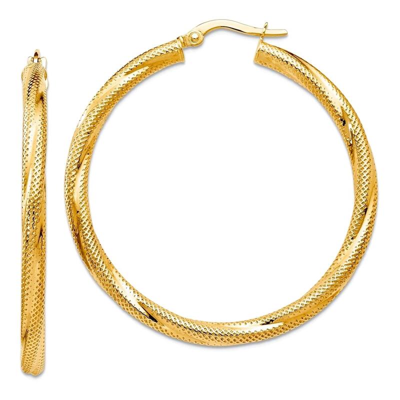 Curata 10k Yellow or White Gold Textured Swirl 41x3mm Hinged Hoop Earrings - Yellow Gold