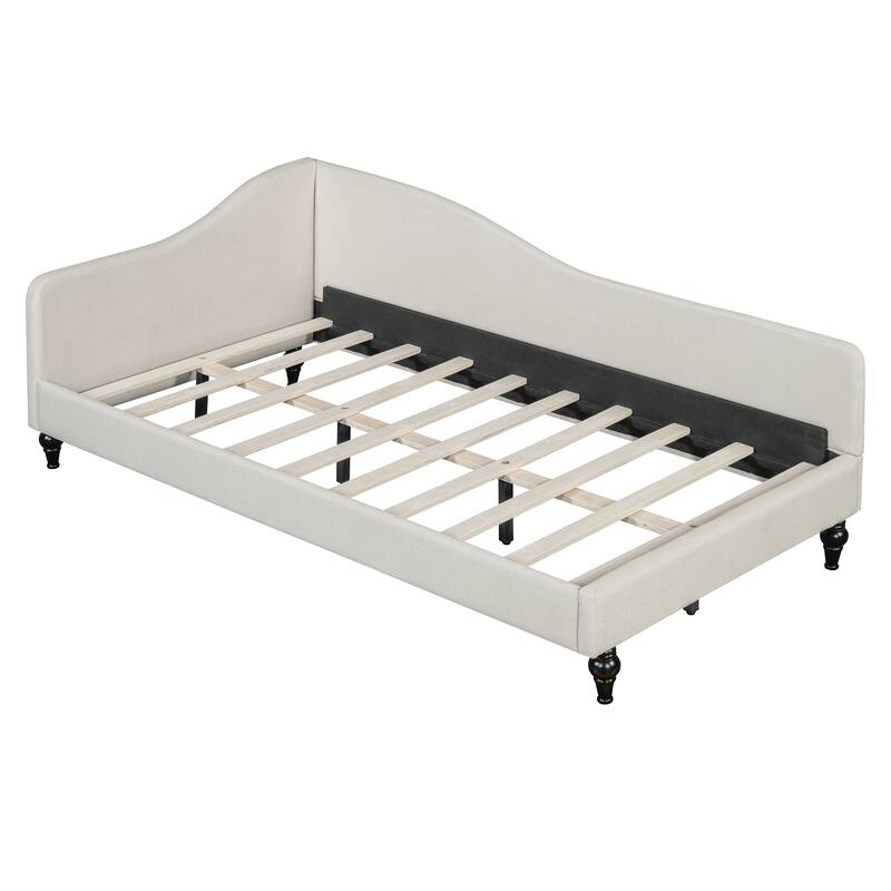 L-Shaped Curved Backrest Daybed, Linen Panel Bed Frame, Wood Platform Bed, Solid Wood Legs