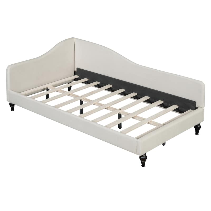 Twin/Full Size Upholstered Daybed, Linen Fabric Sofa Bed with Solid Wood Legs and L Shaped Backrest, Solid Wood Bedframe