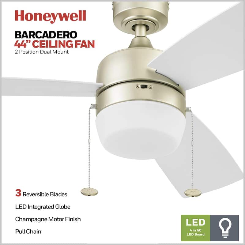 44" Honeywell Barcadero Matte Black Contemporary Indoor LED Ceiling Fan with Light, Pull Chain