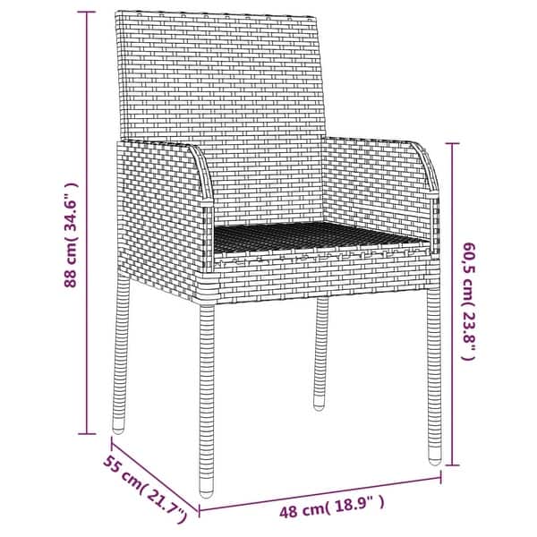 dimension image slide 9 of 13, vidaXL 3 Piece Patio Dining Set with Cushions Black Poly Rattan - 18.9" x 21.7" x 34.6"